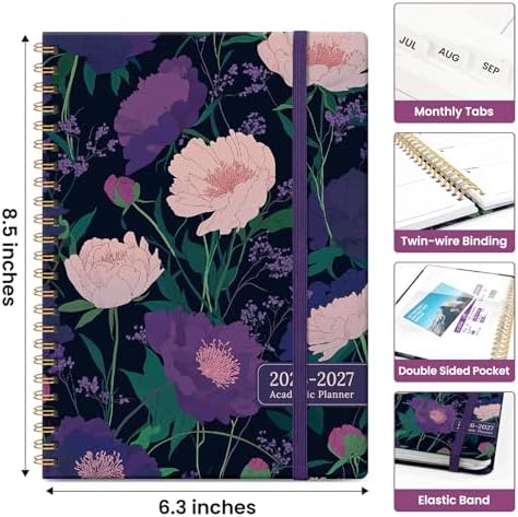 Planner 2026-2027, Jul 2026-Jun 2027 Academic Monthly & Weekly Planner | 6.3" x 8.5" Hardcover Pretty Calendar Planner for Women, Spiral Organizer for School Office Home Supplies, Plum Reverie