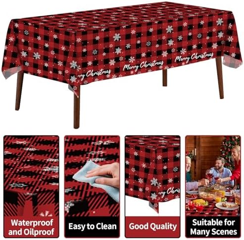CXPSINC 54 Inch X 100 Feet Plastic Table Cover Roll Disposable Tablecloth with Slide Cutter for All Type/Shape Tables | Party, Banquet, Birthdays, Weddings(Red Checkered Snowflake, 100 Feet)