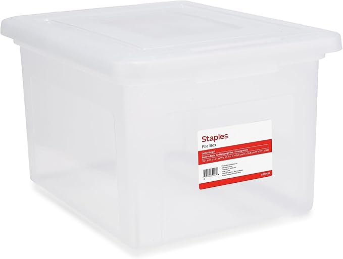 Staples Hanging File Folder Box, Storage Bin Organizer, Snap Lid, Clear | Fits letter and legal size documents. Stackable design keeps files secure and visible.