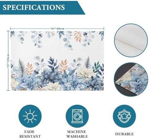 Blue Christmas Poinsettia Placemats Set of 4, Winter Eucalyptus Leaves Heat Resistant Washable Table Place Mats Cotton Table Linens Party Holiday Decor for Kitchen Dining Outdoor Indoor