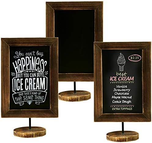 MyGift Set of 3 Tabletop Chalkboard Sign with Burnt Wood Frame and Round Base, Decorative Wedding Table Place Card Signage, Rustic Small Kitchen Countertop Memo Board