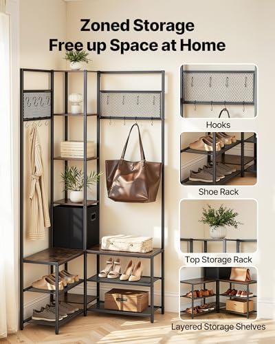 VEVOR Corner Hall Tree with Shoe Bench, 70.9 in Coat Rack with Hooks and Steel Frame, Freestanding Clothes Shoes Rack Storage Organizer with Anti-Tip Set, for Entrance, Closet, Office, Rustic Brown