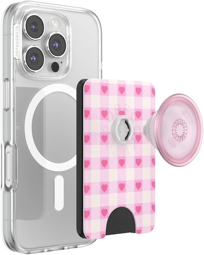 PopSockets Phone Wallet for MagSafe with Grip- Blush Gingham | PopWallet, Holds 3 Cards, Magnetic, Removable, Secure, Checkered, Pink