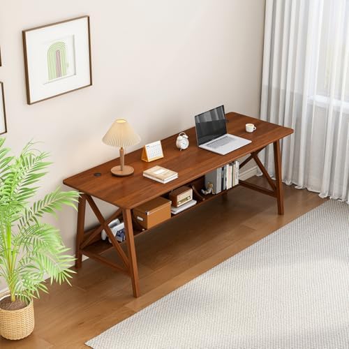 NELYE Extra Long Writing Desk with Bookshelf, 63" Wx24 Dx30 H, Walnut