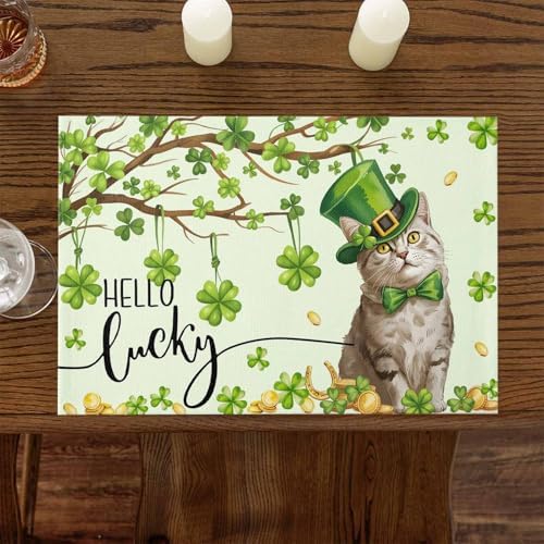 Lucky Cat St. Patrick's Day Placemats Set of 4, Green Spring Shamrocks Tree Heat Resistant Washable Dining Table Mats Spring Holiday Farmhouse Decor for Kitchen&Table Linens Outdoor Indoor,
