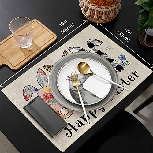 Artwork Store Happy Easter Placemats Set of 6,Cotton Linen Heat Resistant Table Mats Washable Cute Easter Bunny Florals Flowers Rabbit Placemat for Holiday Banquet Party Dining Kitchen Table Decor