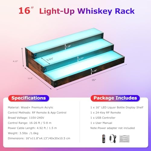 16 Inch LED Lighted Liquor Bottle Display Shelf, 3 Tiers Illuminated Bar Shelf with RF & App Control, Light up Shelves 7 Colors Music Sync & Timing (3 Tier 16" Total Length)