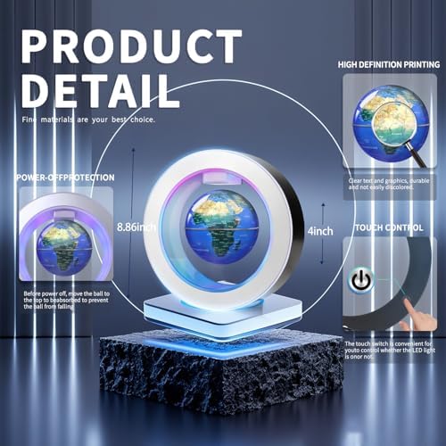 Floating Globe O Frame, Magnetic Levitating Technolog, Cool Gadgets for Men, 4In World Globe for Education Office Home Desk Decor, Cool Tech Gifts for Holiday Parties Birthday