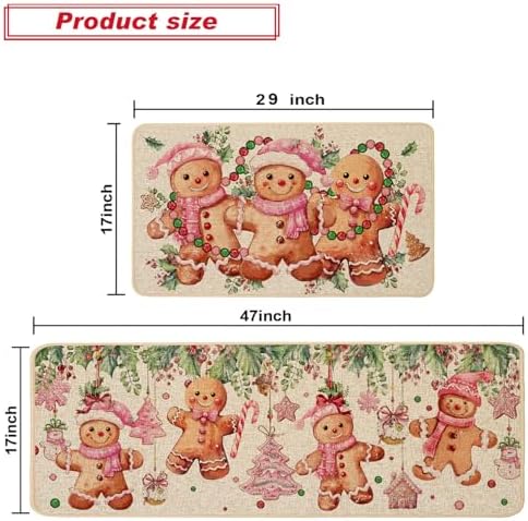 Baccessor Christmas Gingerbread Kitchen Rugs Set of 2, Pink Merry Christmas Xmas Winter Kitchen Mats Washable Non Slip for Floor Hallway Laundry Sink Holiday Home Decor 17x29 and 17x47 Inch