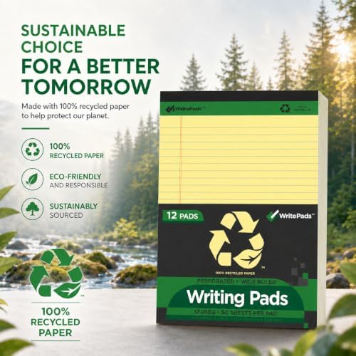 KAISA Legal Note pads 8.5 x 11，12pads 600 Sheets note pads office supplies Recycled Paper 8.5 x 11 Wide Ruled 50 sheets Premium Thick Paper Hard Back Notepads 8-1/2"x 11-3/4" Writing Tablet Canary For Office Supplies (Pack of 12)