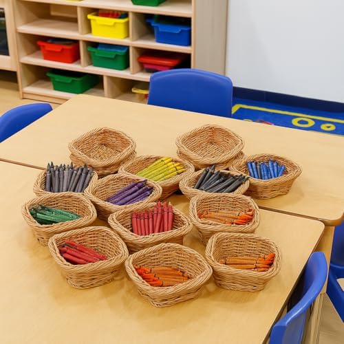 Constructive Playthings Plastic Wicker Baskets for Storage, Set of 12 | Educational or Home Setting, Stores Toddler Toys, Keys, Jewelry and Classroom Supplies, Stackable, Set of 12 Woven Baskets