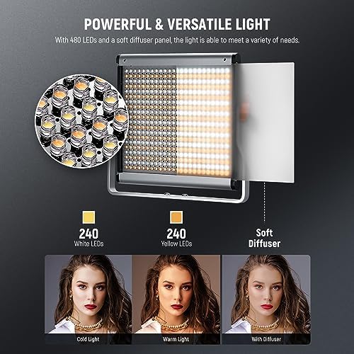 Neewer 2 Packs Dimmable Bi Color 480 LED Video Light Kit, 3200~5600K CRI 96+ LED Panel with U Bracket, 75 inches Tripod Light Stand for YouTube Recording Studio Photography Streaming Key Lighting
