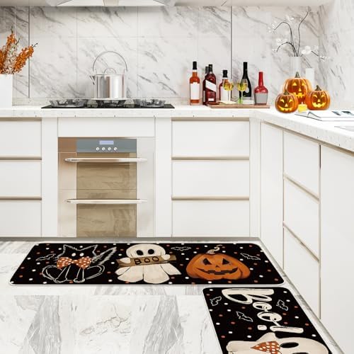 JarThenaAMCS Halloween Kitchen Mats Set of 2 Ghost Pumpkin Boo Kitchen Floor Mat Non-Slip Spooky Decorative Bathroom Rugs, 17 x 29 Inch & 17 x 47 Inch