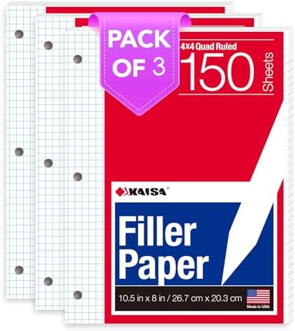 Kaisa Graph Paper Filler Paper USA-Made Bulk Wholesale Available 3 Pack 4x4 Quad Rule 3-Hole Punched Loose Leaf Paper 8x10.5 Filler Paper for 3-Ring Binder, 150 Sheets/Pack