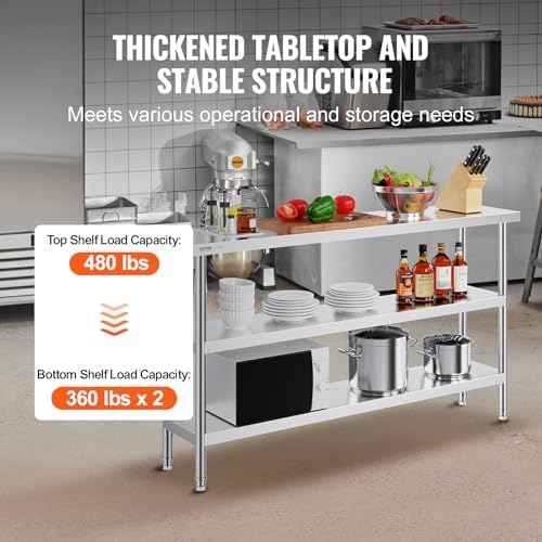 VEVOR Stainless Steel Food Prep Table, 14 x 60 x 34 Inch Commercial Kitchen Worktable, with 2 Adjustable Undershelf, Heavy Duty Prep Table Metal Workstations for BBQ, Kitchen, Home, and Garage
