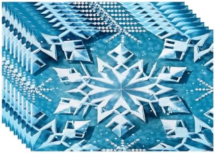 Batmerry Blue Winter Snowflakes Linen Placemats Set of 8, Seamless Blue Abstract Geometric Washable Table Mats for Kitchen Table Thickened Heat Insulation Dining Set Indoor Outdoor 12X18 in