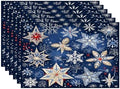 Batmerry Christmas New Year Linen Placemats Set of 6, Snow red Fruit Blue Background Washable Table Mats for Kitchen Table Thickened Heat Insulation Dining Set Indoor Outdoor 12X18 in