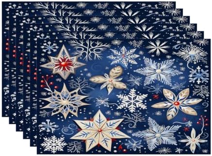 Batmerry Christmas New Year Linen Placemats Set of 6, Snow red Fruit Blue Background Washable Table Mats for Kitchen Table Thickened Heat Insulation Dining Set Indoor Outdoor 12X18 in