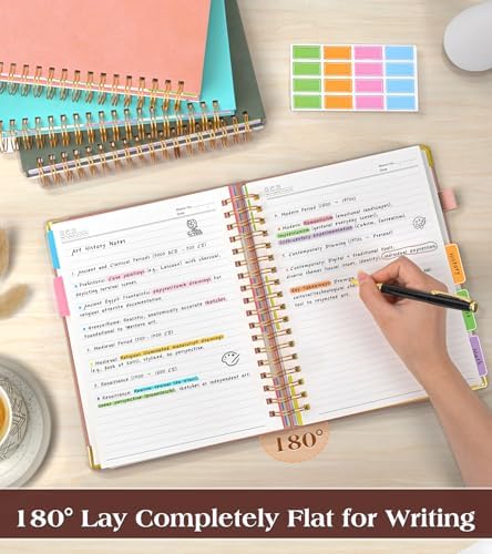 Spiral Notebook Journal with Removable Dividers Tabs, 300 Pages Hardcover Leather 5 Subject College Ruled Notebook, 8.5"x11" Large A4 Lined Journal for Women Men, Spiral Notebook for Work School, Pink