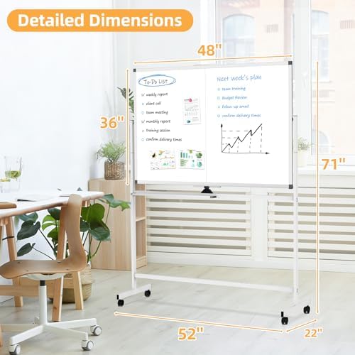 Rolling Dry Erase Whiteboard with Stand, 48" x 36" White Board on Wheels