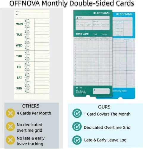 OFFNOVA Thermal Employee Time Cards, Monthly Double-Sided Punch Cards, 3.3" x 7.3", Auto Sensing & Auto Mark Late/Early Leave, 50 Pack for Office Time Clock