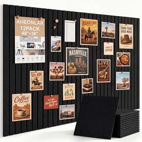 AHEONLAR Felt Bulletin Board 48" x 36", Cork Boards for Walls, 12 Pack Bulletin Board Large Cork Board for Office, Felt Boards with 70 Safe Removable Adhesive Tabs Wall Decor for Home(Black)