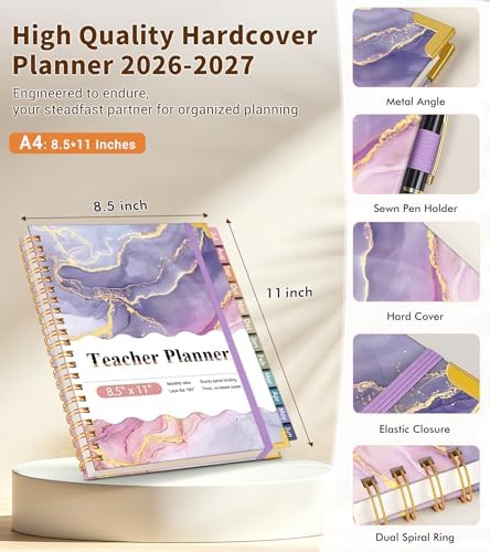 Teacher Planner 2026-2027, July 2026 - June 2027, Academic Weekly & Monthly Calendar Planner with Tabs, 8.5" x 11" A4 Teacher Lesson Plan Book with 7 Periods, Daily Agenda School Organizer for Teacher Student Homeschool, Pink Marble