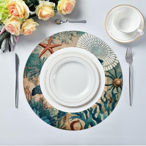 Ocean Turtle Round Placemats Set of 4, Washable Non-Slip Table Mat