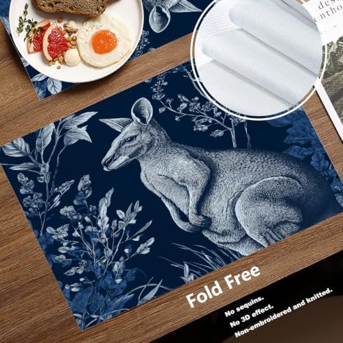 Batmerry Cute Kangaroo Placemats, Navy Blue with Plants Washable Linen Table Mats for Kitchen Table Double Insulation Decor Dining Set Indoor Outdoor 12X18 in Set of 8