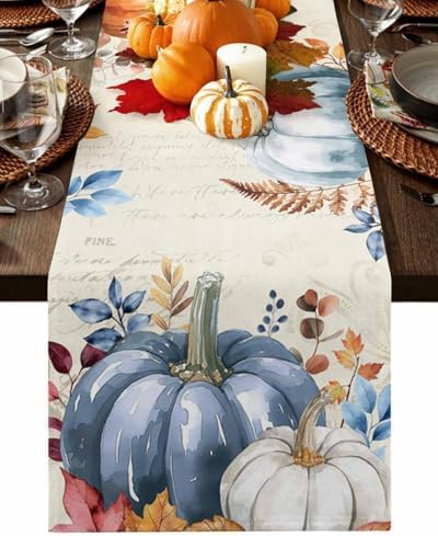 Fall Pumpkin Table Runner Dresser Scarf 13 x 108 Inch Blue Orange Maple Leaf Rustic Table Runners Non-Slip Heat Resistant Kitchen Dining Table Decor for Autumn Thanksgiving Holidays Indoor Outdoor