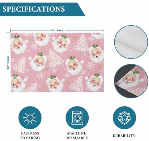 Pink Christmas Placemat 1PC, Santa Claus Merry Christmas Tree Heat Resistant Washable Table Place Mats Winter Snowflake Cotton Table Linens Party Holiday Decor for Kitchen Dining Outdoor Indoor