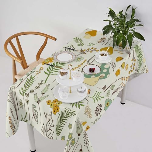 Wild Mushroom Tablecloth, Vintage Botanical Rustic Wildflower Herbs Plants Green Mushroom Table Cloth for Farmhouse Kitchen Dinning Room Picnic Parties Home Decor 60x110in