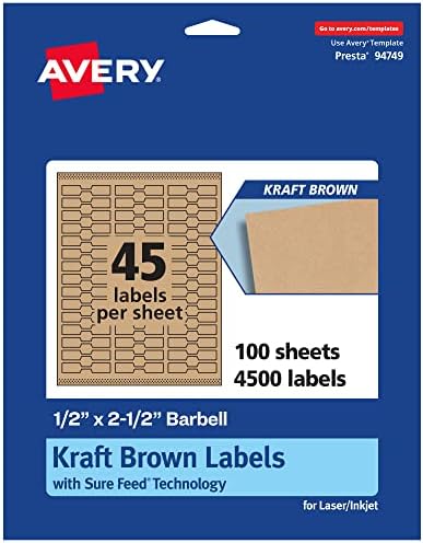 Avery® Kraft Brown Barbell Labels, Sure Feed® Technology, 0.5" x 2.5", 4,500 Kraft Brown Labels, Laser/Inkjet Printable