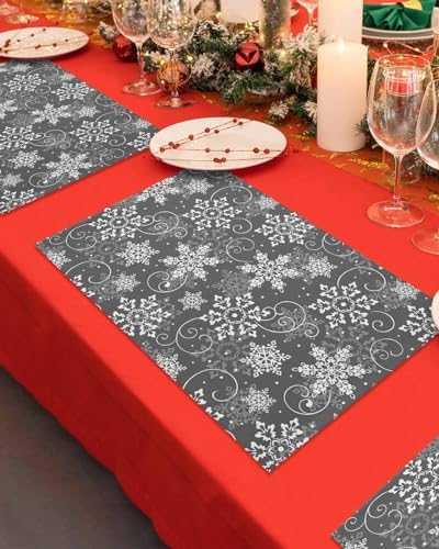 Christmas Placemats Set of 4, Grey White Snowflakes Pattern Heat Resistant Washable Table Place Mats Winter Cotton Table Linens Party Holiday Decor for Kitchen Dining Outdoor Indoor