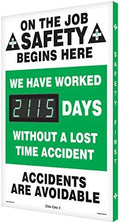 Accuform SCK115 Aluminum Digi-Day Electronic Scoreboard, "ON THE JOB SAFETY BEGINS HERE - WE HAVE WORKED #### DAYS WITHOUT A LOST TIME ACCIDENT - ACCIDENTS ARE AVOIDABLE"
