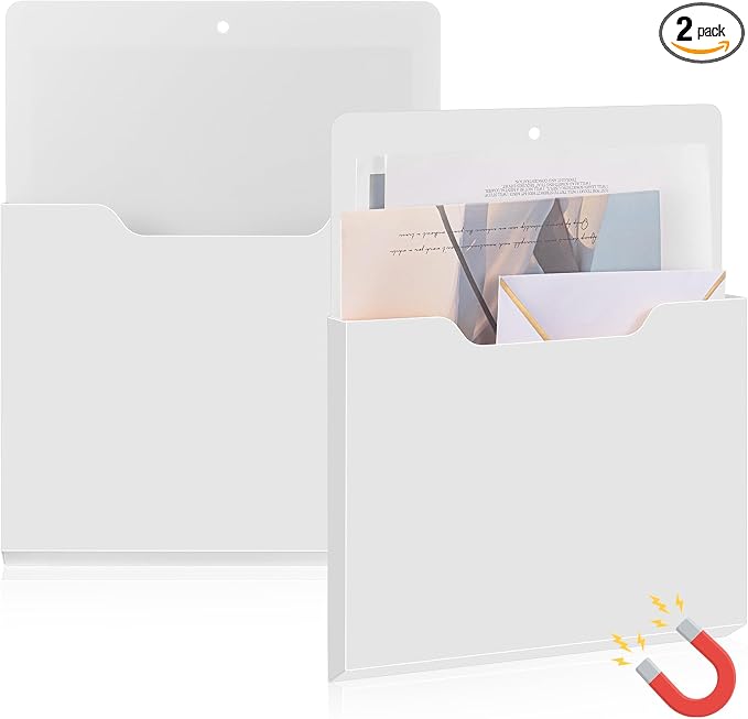 Feifeiya 2 Pcs Magnetic File Folder Wall Hanging Holder Large Pocket Paper Magazine Mail Organizer for Refrigerator Classroom Locker Whiteboard(Vertical,White Color,12.2 x 9.4 Inches)