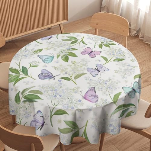 Butterfly Floral Tablecloth, Spring Summer Watercolor Flowers Plants Leaves Print Table Cover for Party Picnic Dinner Decor, 70x70in