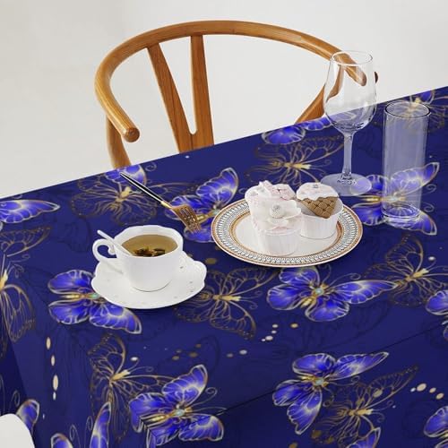 Dark Purple Butterfly Tablecloth, Luxury Golden Blue Purple Butterfly Print Table Cloth for Outdoor Patio Party Picnic Wedding Indoor Kitchen Dinner Table Decor 60x110in