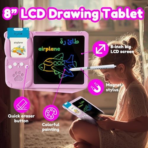 Writing Tablet with Bilingual Flash Cards for Kids, Arabic, Pink