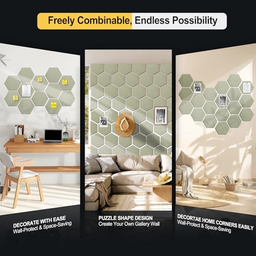 12-Pack Hexagon Cork Board Alternative for Walls Decor, 38.2" x 38.2" Large Felt Bulletin Board, with Pushpins, Damage-Free Adhesives, Thick Pin Board for Office, Home (Sage Green)