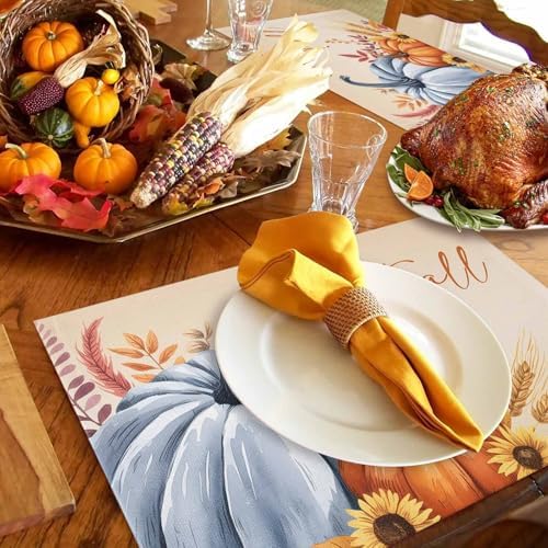 Fall Placemats Set of 6, Hello Fall Pumpkin Place Mats Maple Leaves Sunflower Bird Tablemats Harvest Thanksgiving Placemat Table Decoration for Kitchen Table Holiday Dinner Party Autumn Home Decor