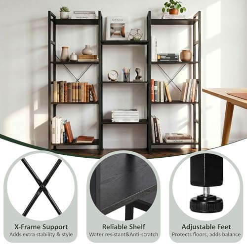 Triple Bookshelf, Free Standing Bookcase with Open Storage Shelves