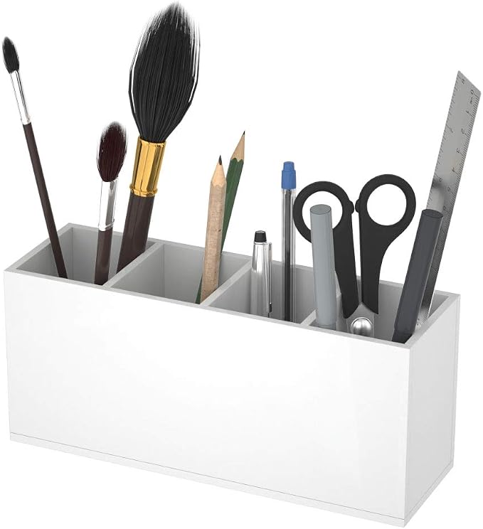 NIUBEE Acrylic Pen Holder 4 Compartments, White Pencil Organizer Cup for Countertop Desk Accessory Storage (White) | Scratch-resistant thick acrylic with 4 slots for pens, pencils, makeup brushes, office, vanity and school use