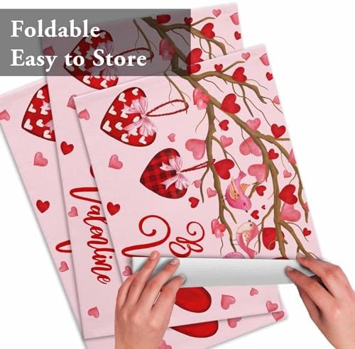 Pink Valentine's Day Placemats Set of 4, Red Love Heart Tree Heat Resistant Washable Table Mats Be My Valentine Cotton Table Linens Party Holiday Decor for Home Kitchen Dining Table Outdoor Indoor