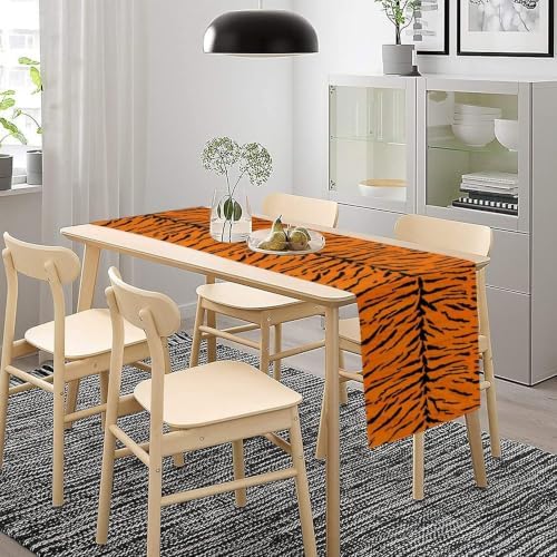 Vintage Tiger Print Table Runner, Rustic Cottage Country Farm Animal Fur Skin Pattern Western Style Black Brown Print Dinner Runner for Home Kitchen Dining Table Decoration 13x60 Inch