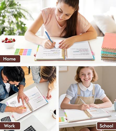 Spiral Notebook Journal with Removable Dividers Tabs, 300 Pages Hardcover Leather 5 Subject College Ruled Notebook, 8"x10" Large B5 Lined Journal for Women Men, Spiral Notebooks for Work School, Pink