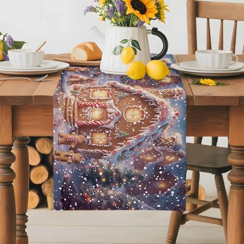 Christmas Table Runner Dresser Scarf 13 x 36 Inch Gingerbread Man House Candy Winter Night Snow Scene Table Runners Non-Slip Heat Resistant Kitchen Dining Table Decor for Home Holidays Indoor Outdoor
