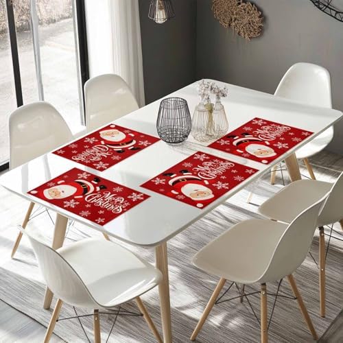 Red Merry Christmas Placemats Set of 4, Funny Hanging Santa Heat Resistant Washable Table Place Mats Snow Winter Holiday Cotton Table Linens Party Holiday Decor for Kitchen Dining Outdoor Indoor