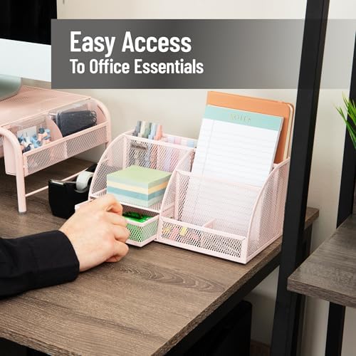 Mind Reader 7-Compartment Desktop Organizer, Metal Mesh Desk Organizer for Pens, Sticky Notes, Mail and Office Supplies, Pink