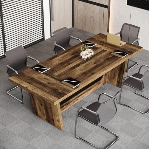 Tribesigns 6 FT Conference Room Table, 71”Large Executive Seminar Desk for 6–8 People, Rectangular Meeting Table for Office, Heavy-Duty Business Boardroom Table with Wooden Pedestal Base, Dark Brown